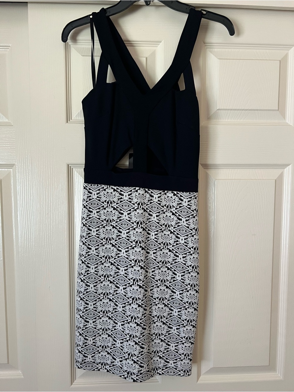 bebe Black Top with Black & White Geometric Skirt Cutout Jumpsuit